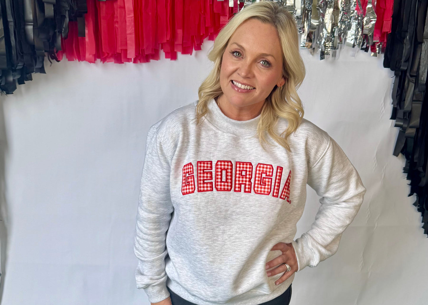 Licensed mock neck ash gray gingham embroidered Georgia