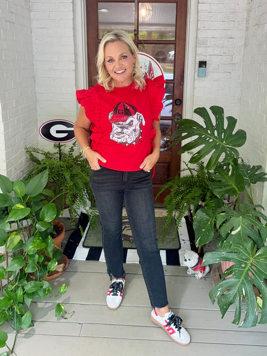 Ruffle Red top licensed with bulldog
