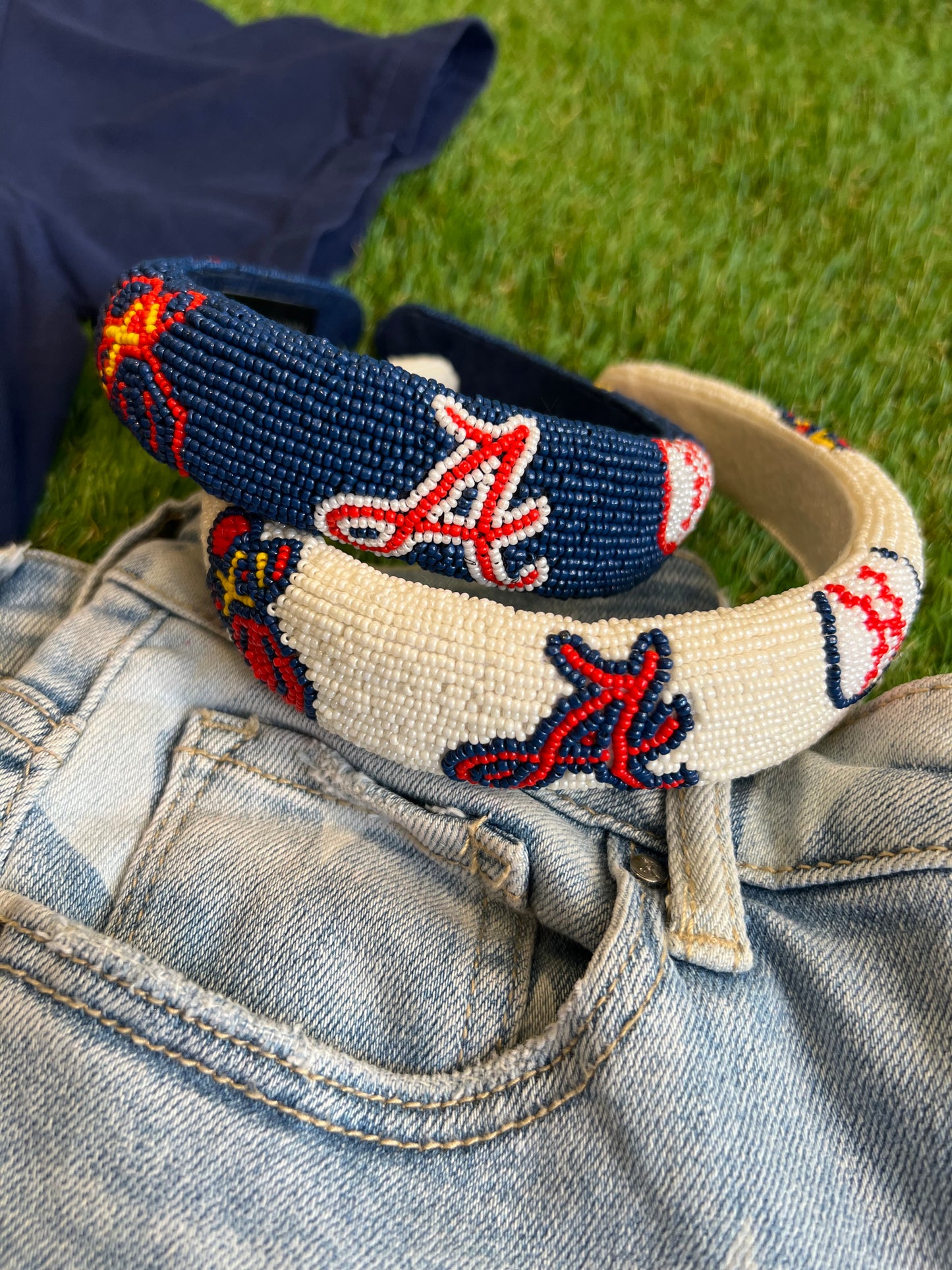 Beaded headband white  baseball