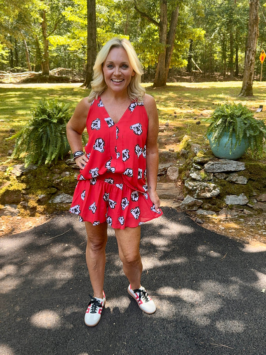 Red flowy shorts dog red black
