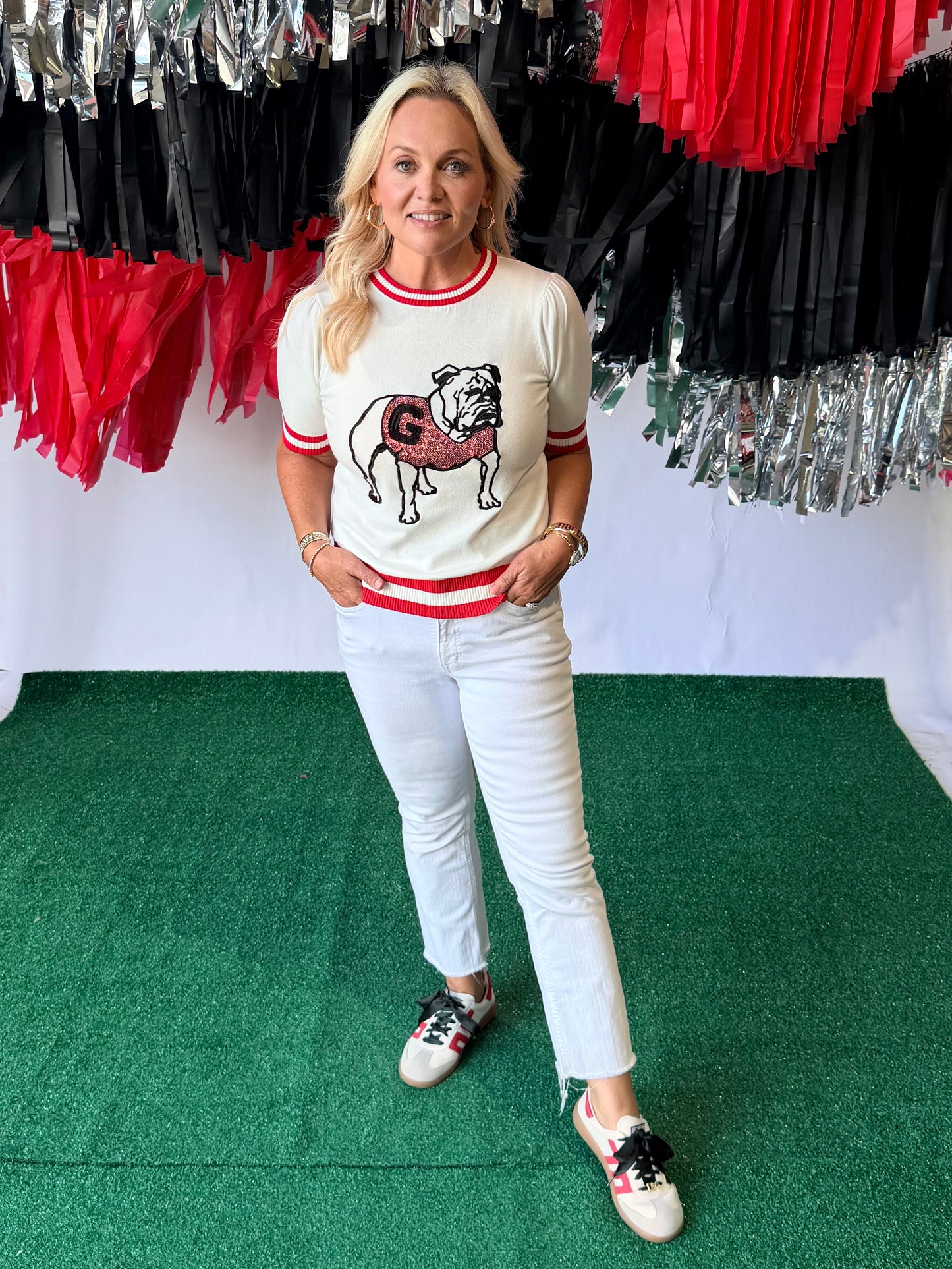 Varsity Licensed thin knit top sequin classic bulldog
