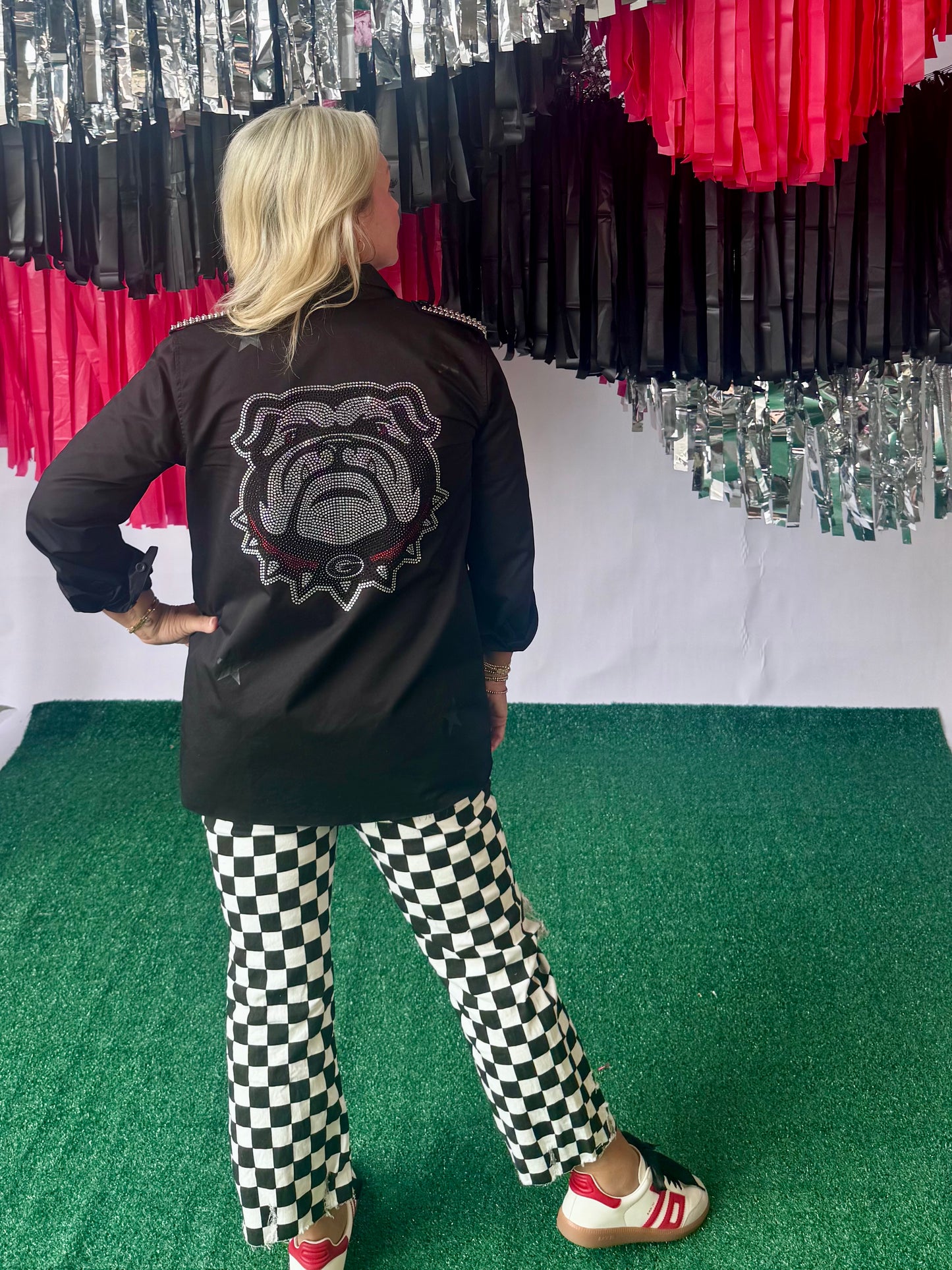 Game day black and white checked distressed raw edge jeans