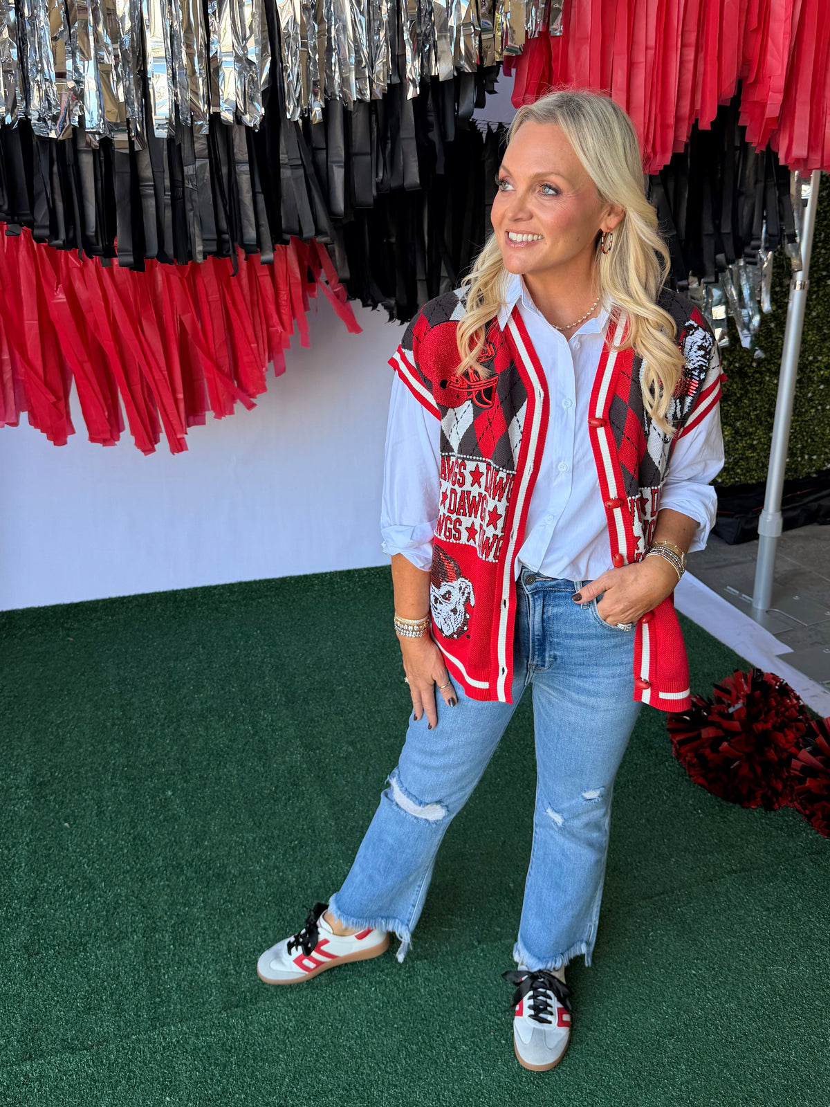 Licensed sweater cardigan with pearls and sequins