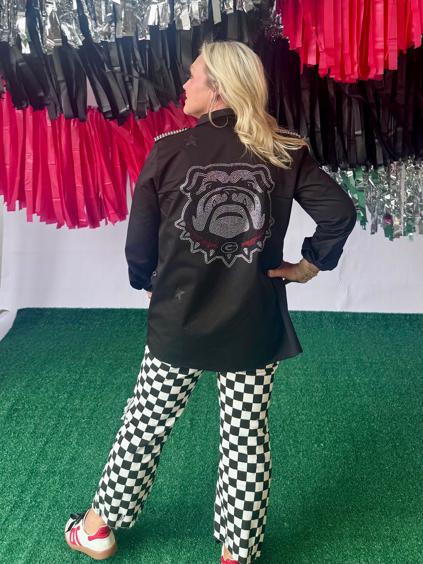 Game day black and white checked distressed raw edge jeans