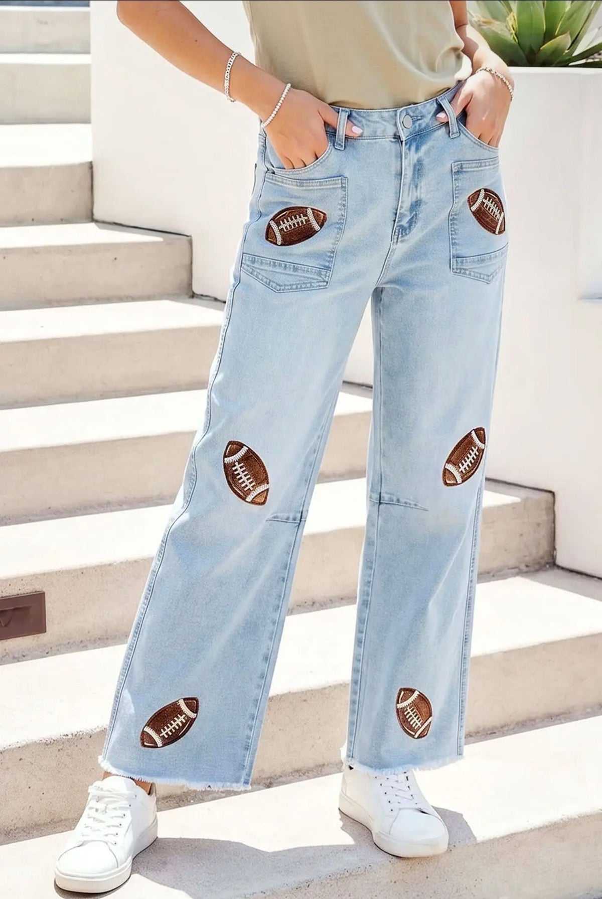 Denim jeans brown football patch. Up to plus size