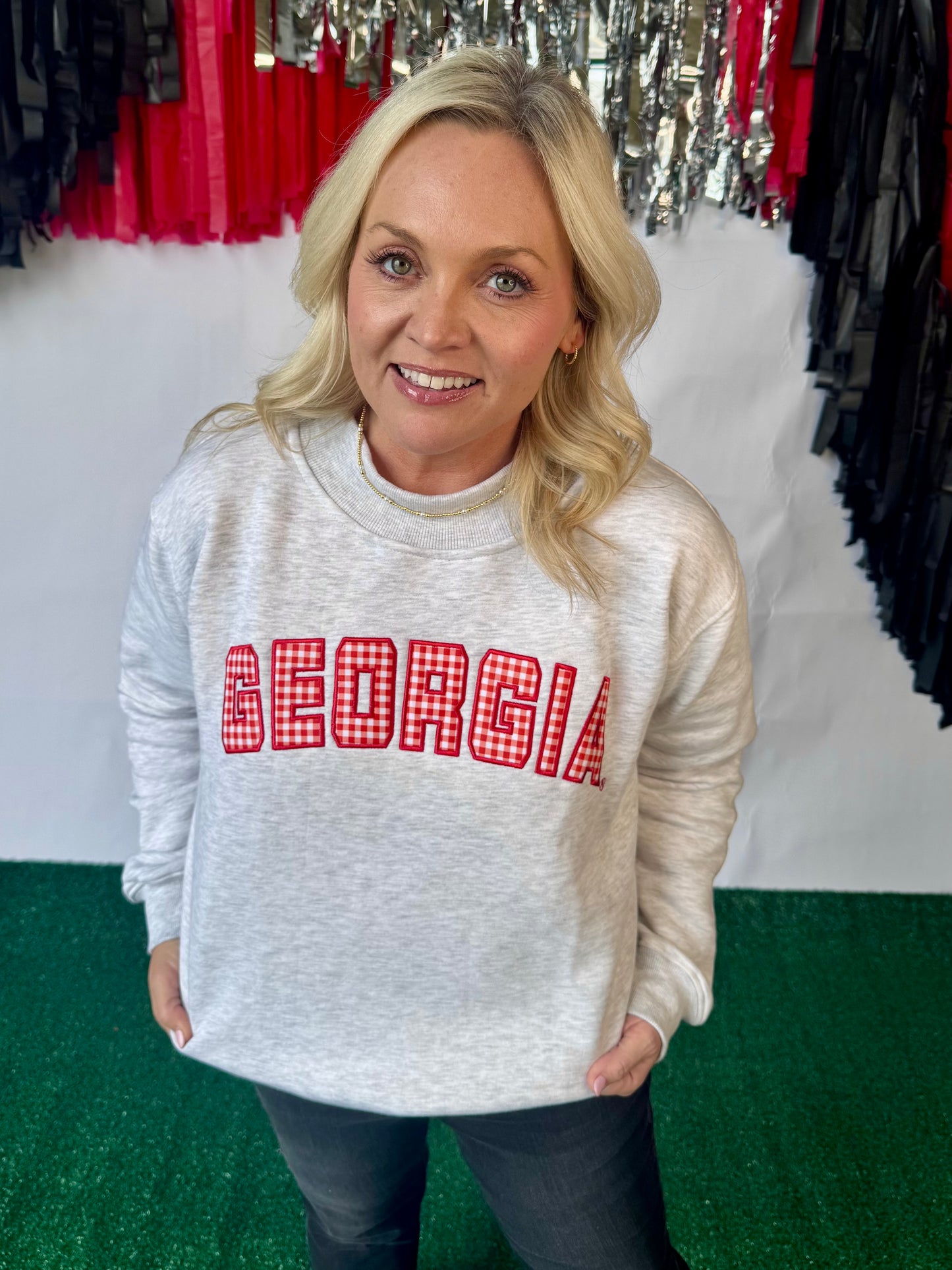 Licensed mock neck ash gray gingham embroidered Georgia