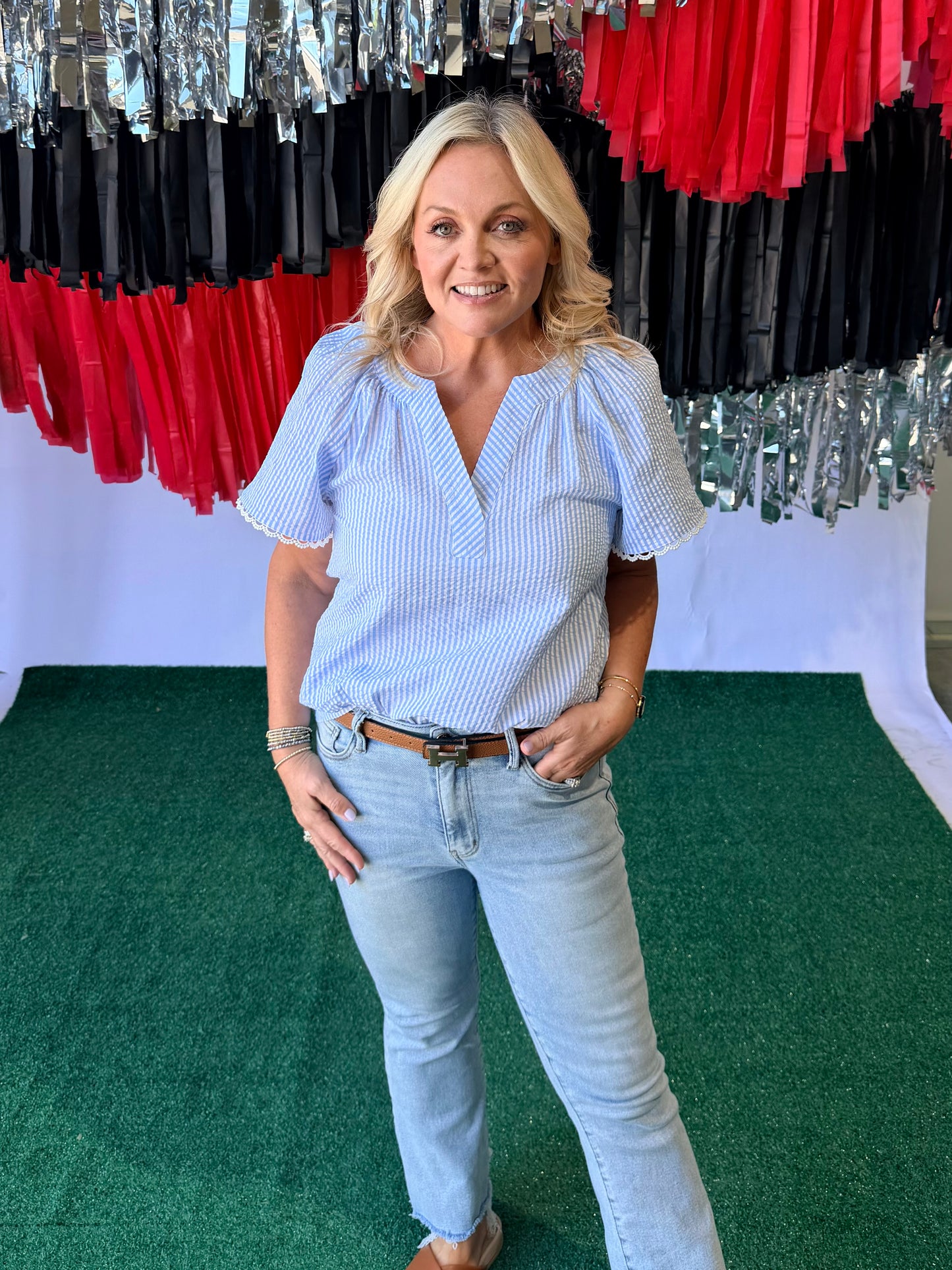 Searsucker blouse blue and white 4th of July