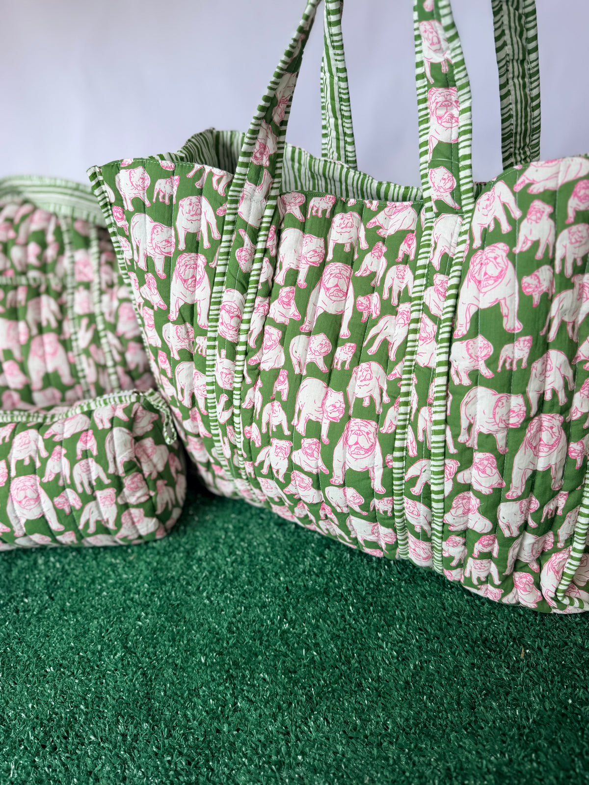 Green and pink quilted bulldog tote