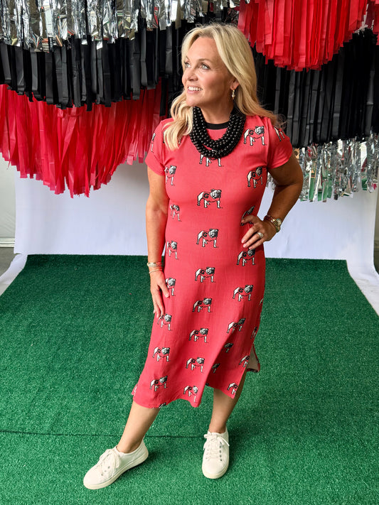 Red long ribbed bulldog maxi dress licensed