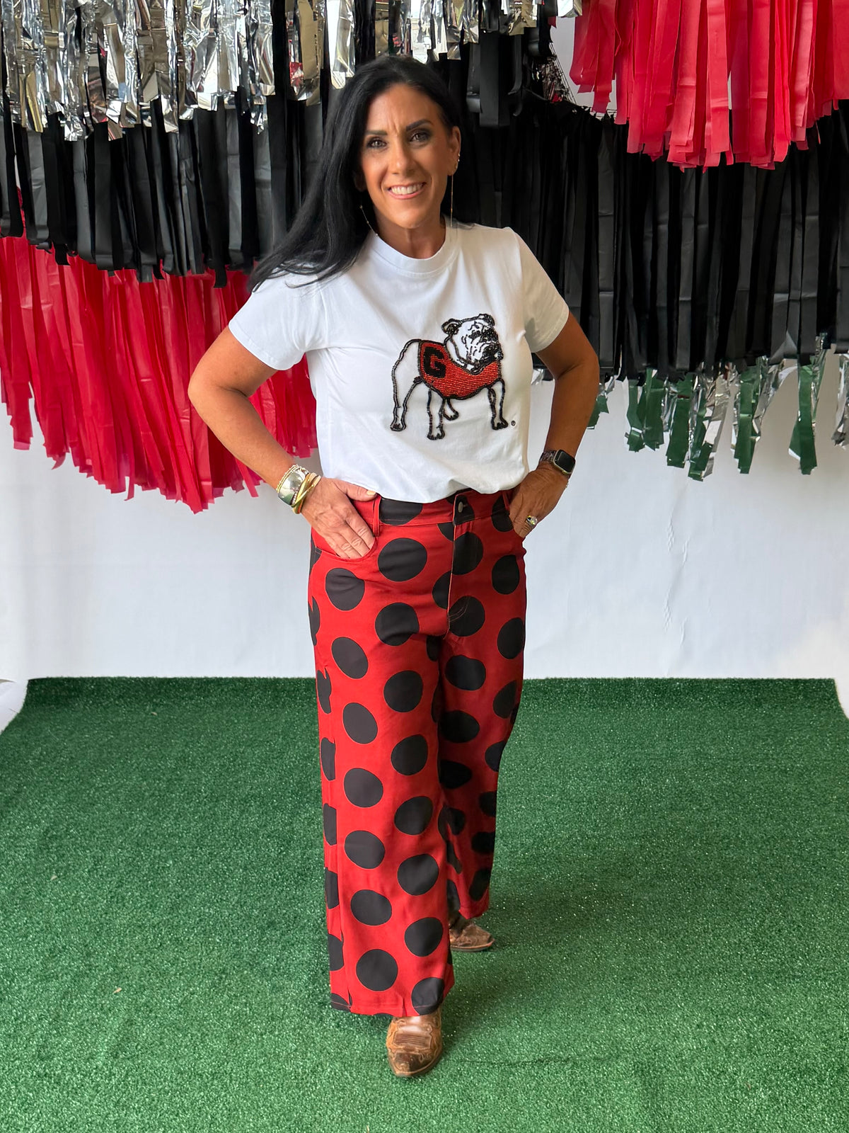 Black and red polka dot pants