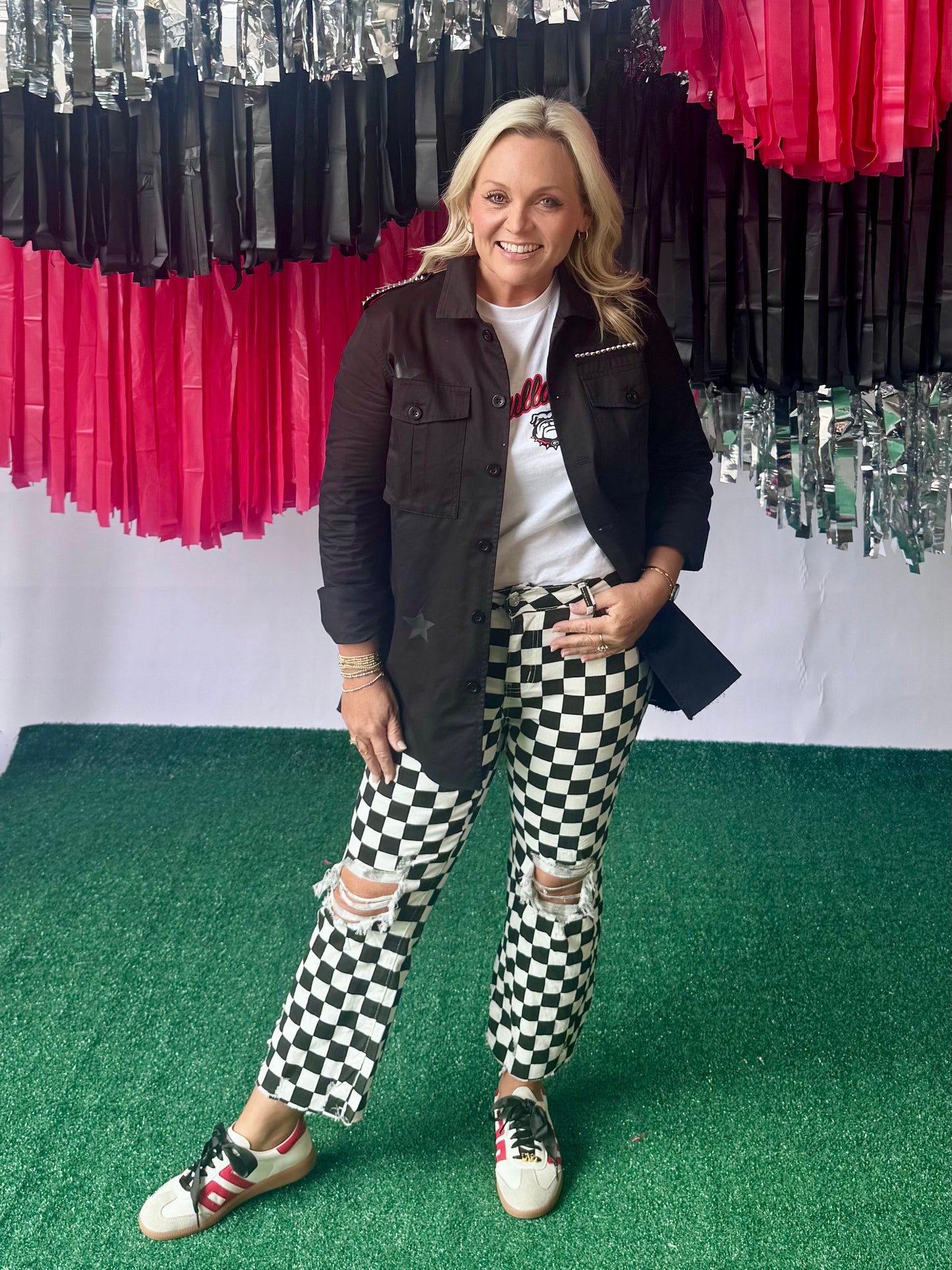 Game day black and white checked distressed raw edge jeans