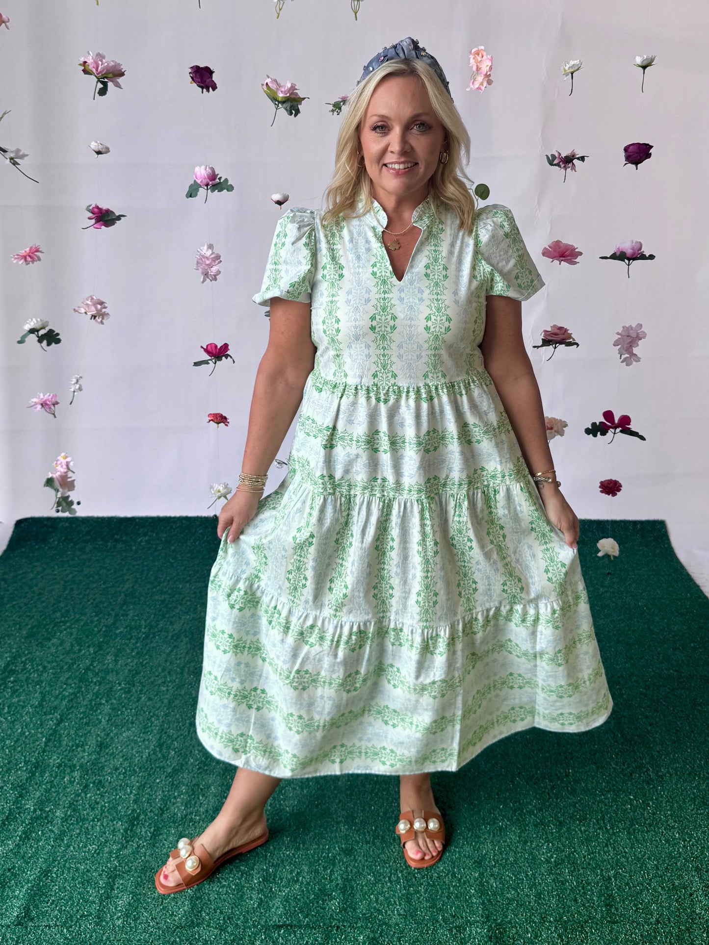Green and blue and white short sleeve dress up to 2X