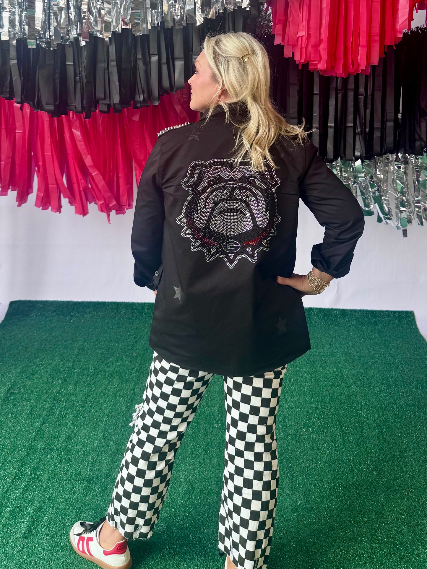 Licesnsed shacket black with studs and rhinestones