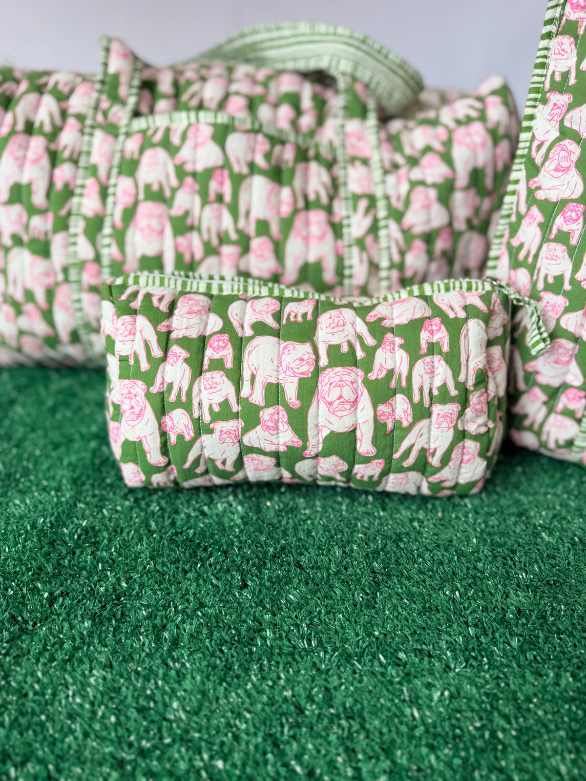 Green and pink quilted bulldog cosmetic bag