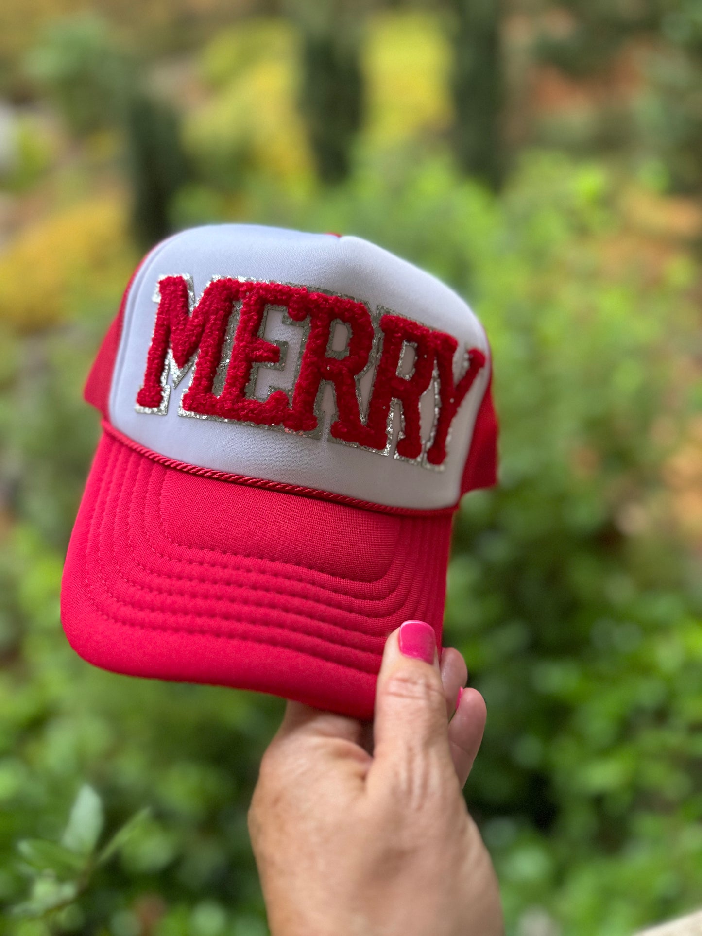 Christmas hat red and white Merry patch ( trucker chain sold separately)