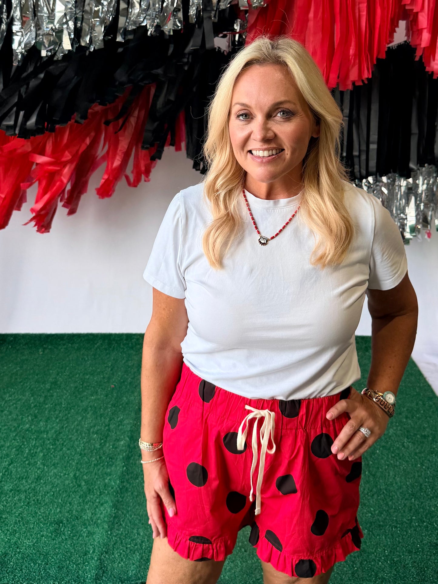Ruffle game day red and black polka dot shorts