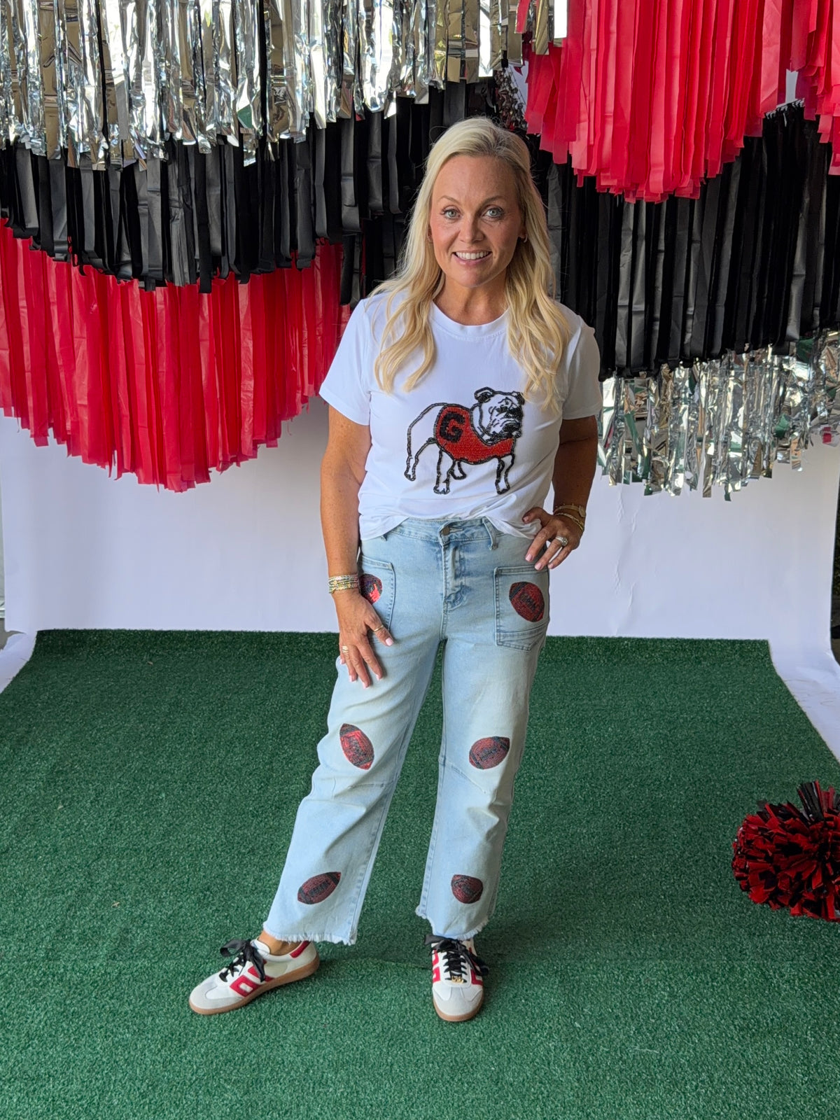 Denim jeans sequin red footballs