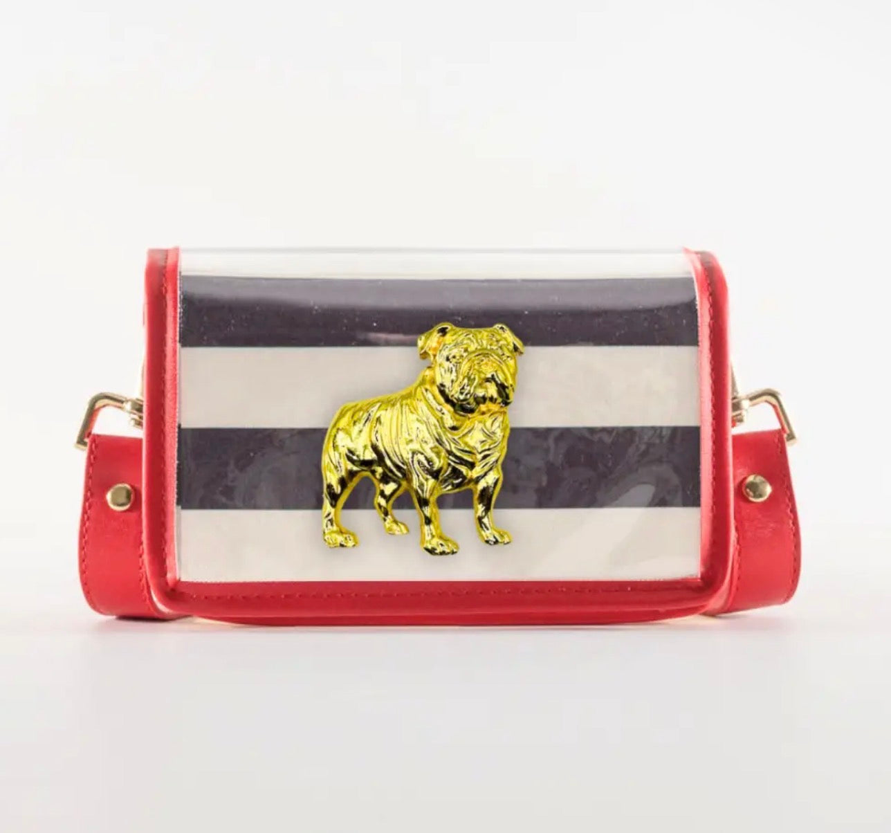 Petite stripe bag with red trim and bulldog