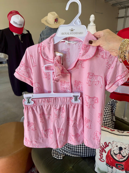 Pajamas Pink bulldog little girls sleep set shorts, top and scrunchie