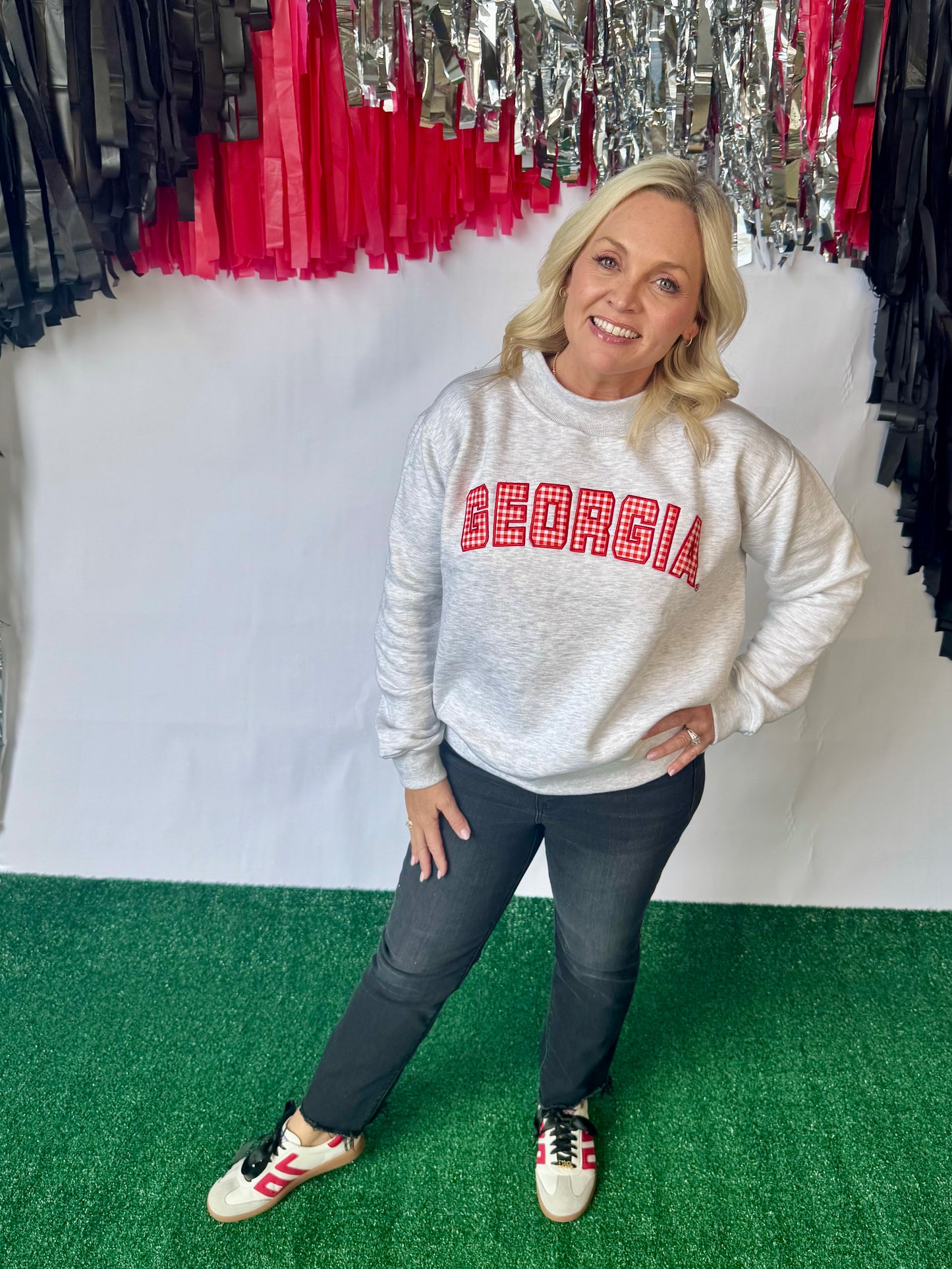 Licensed mock neck ash gray gingham embroidered Georgia