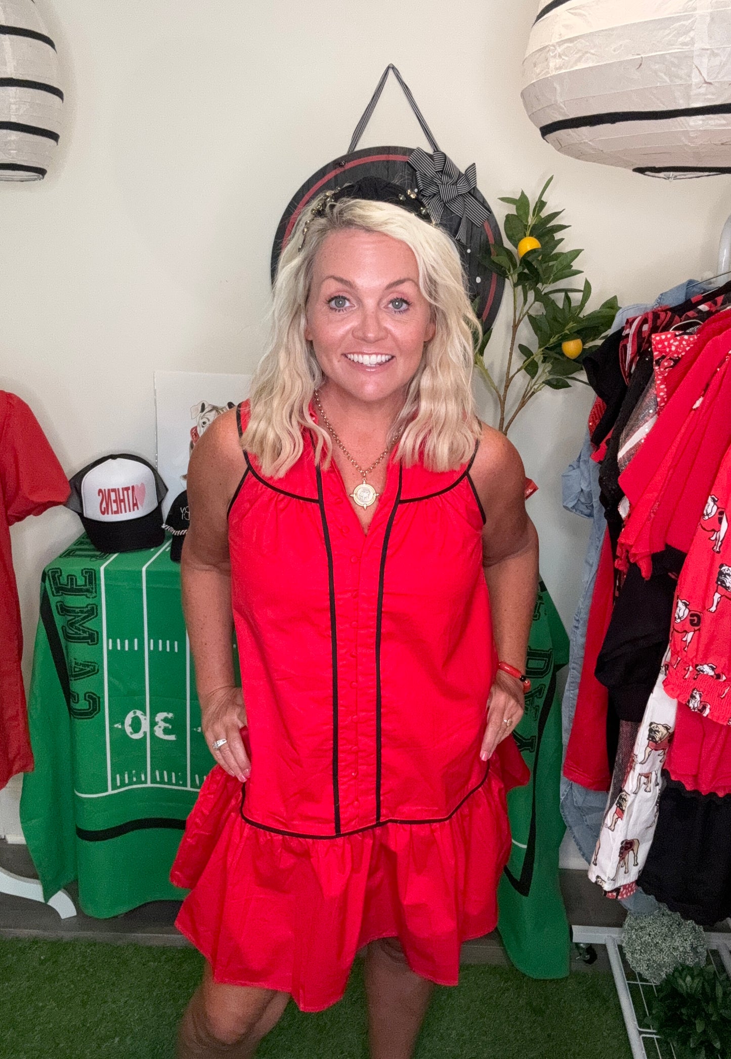 Collared shirt dress red with black trim