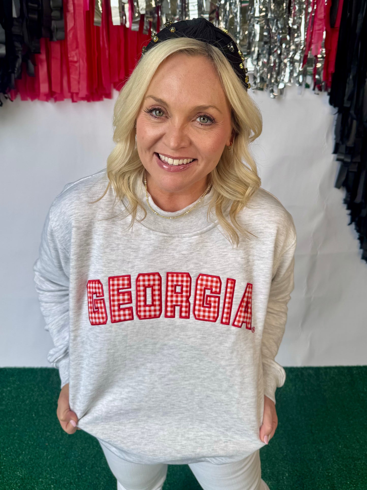 Licensed mock neck ash gray gingham embroidered Georgia