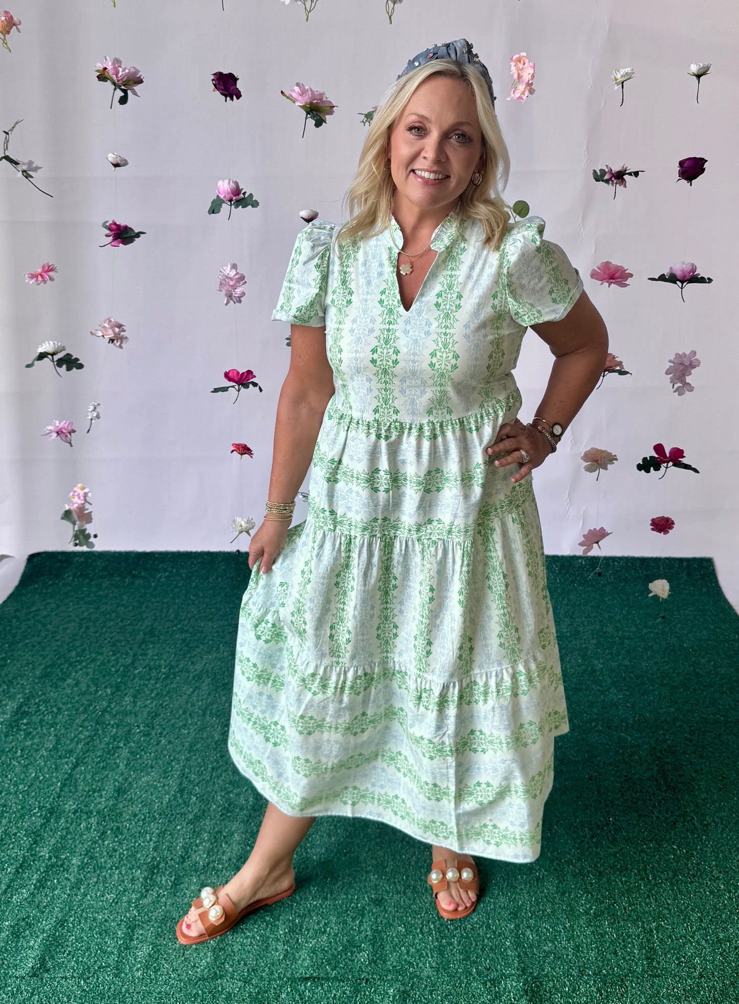 Green and blue and white short sleeve dress up to 2X