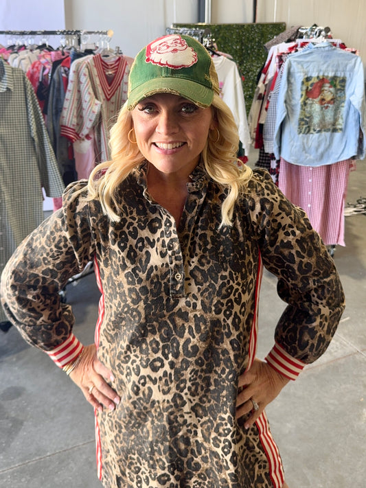 Leopard dress with stipe detail