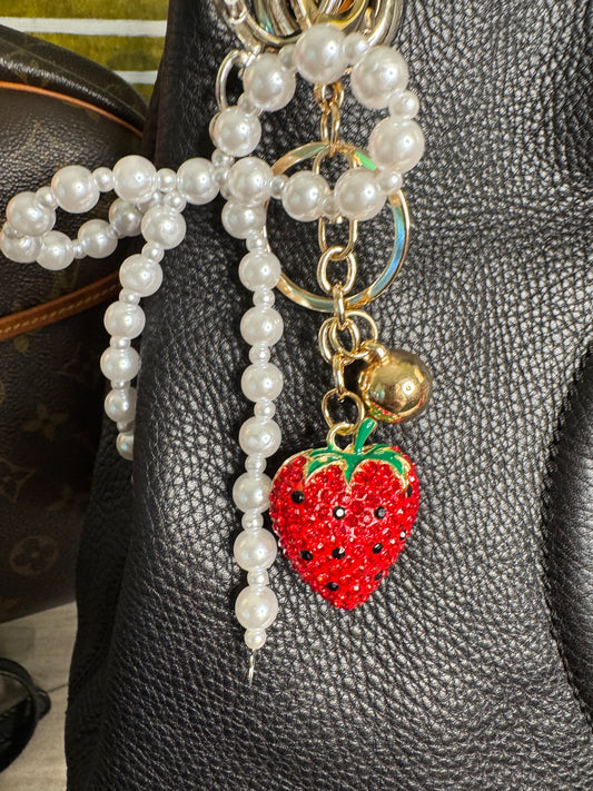 Pearl bow purse charm key chain silver hardware