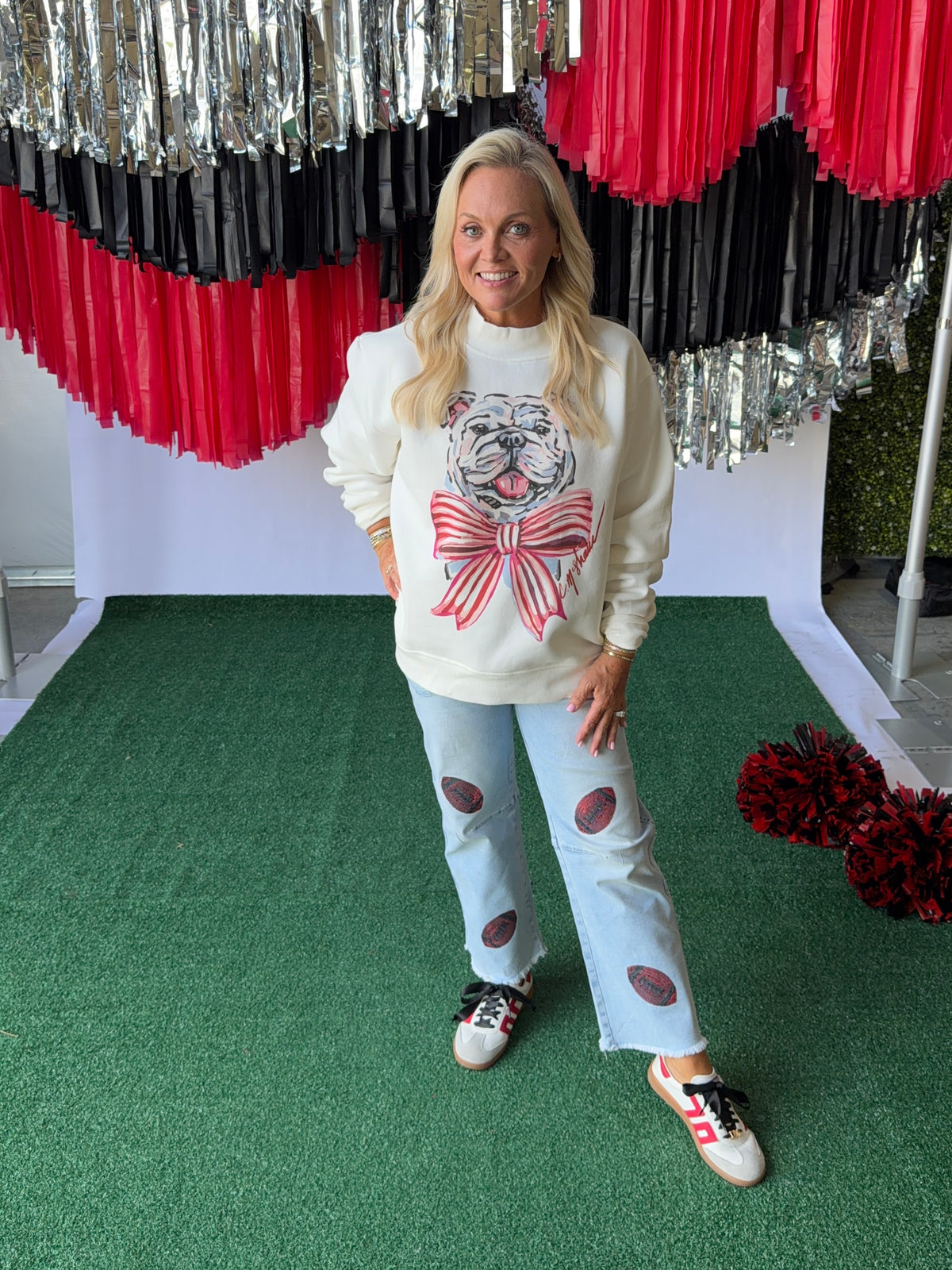 Denim jeans sequin red footballs
