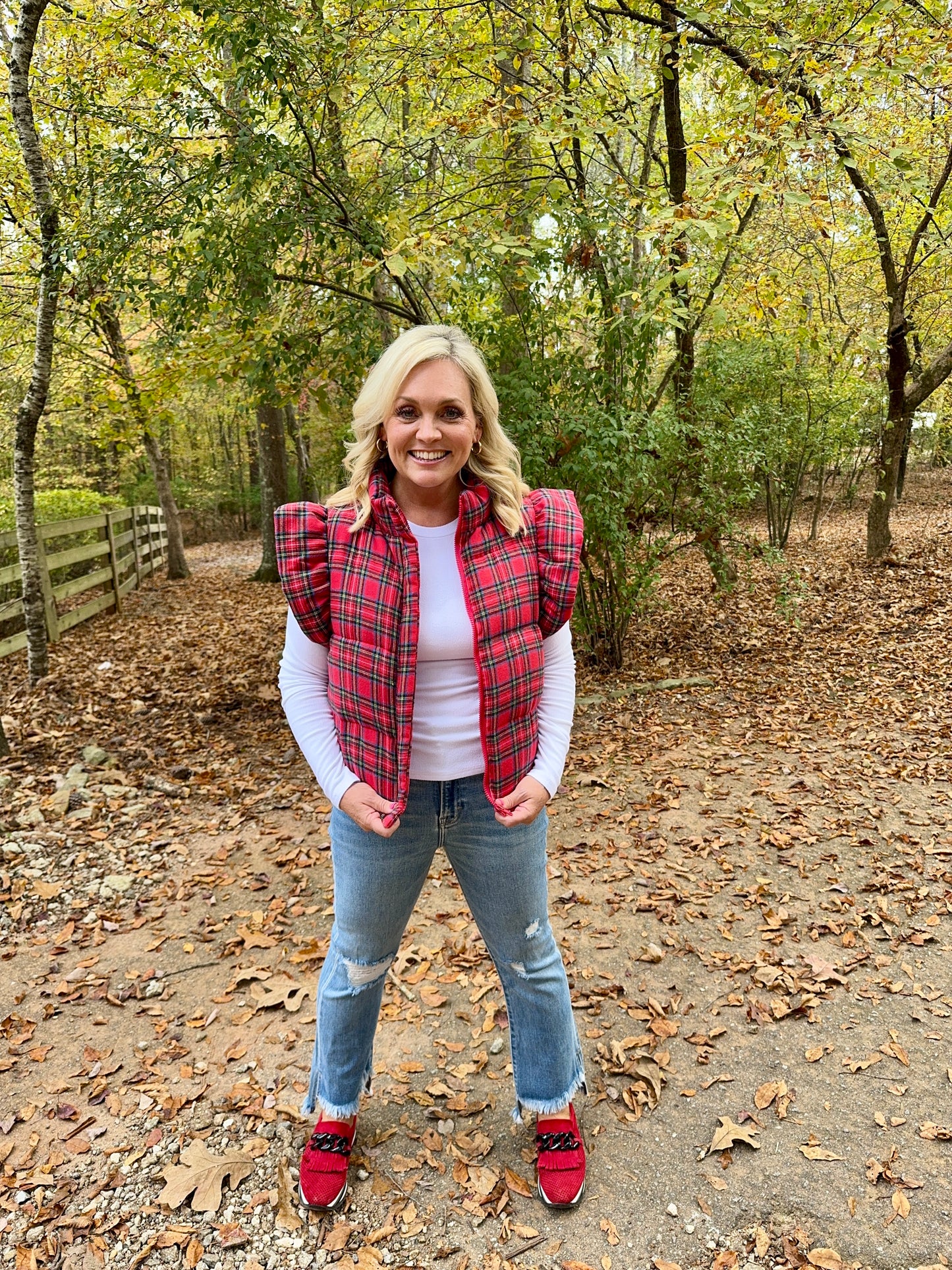 Plaid puffer vest with ruffle sleeves Christmas Winter marked down!