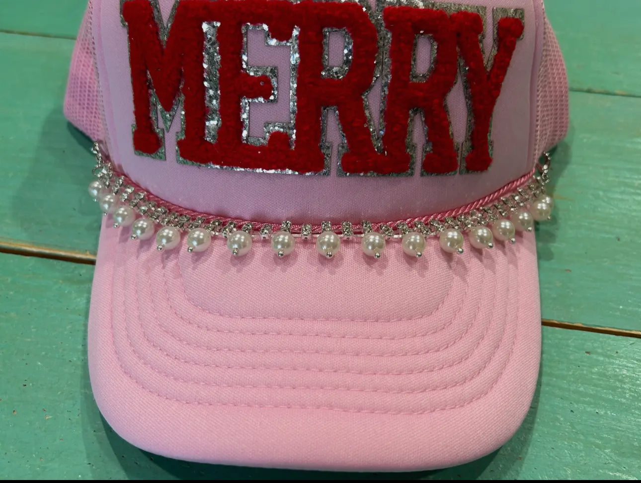 Pink Christmas hat with Merry Patch ( trucker chain sold separately)