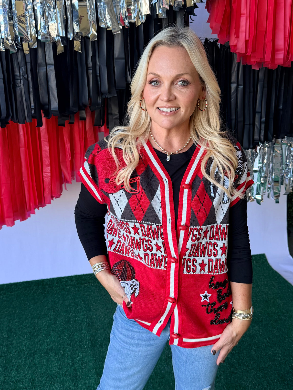Licensed sweater cardigan with pearls and sequins