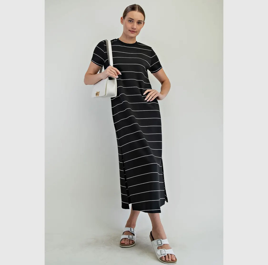 Modal scuba black and white striped maxi dress