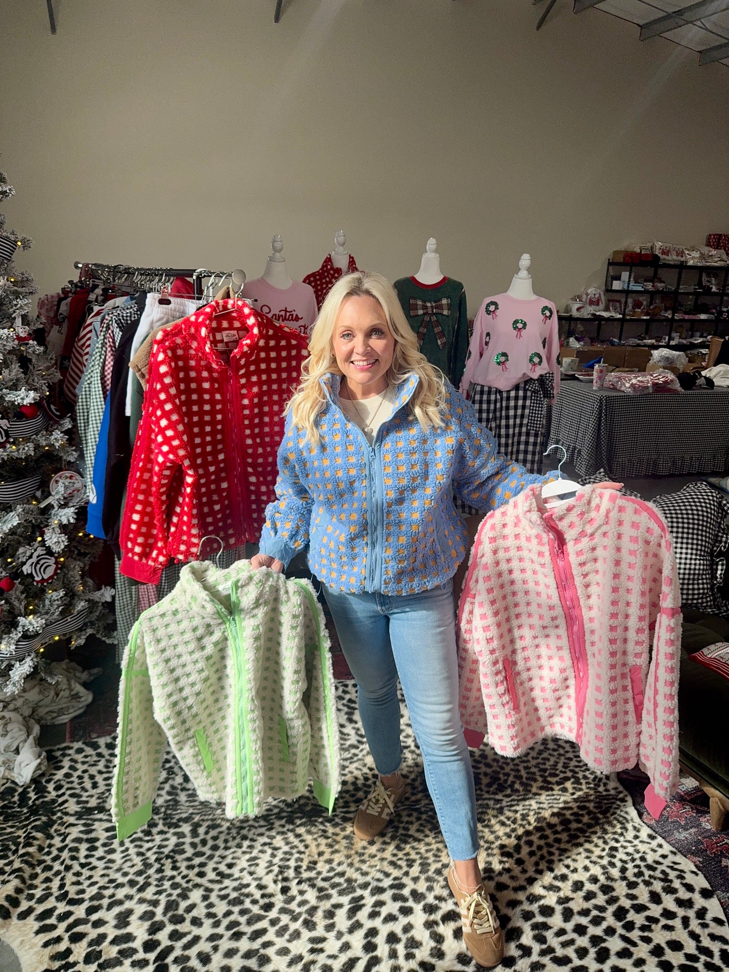 Pink and cream checked Sherpa jacket