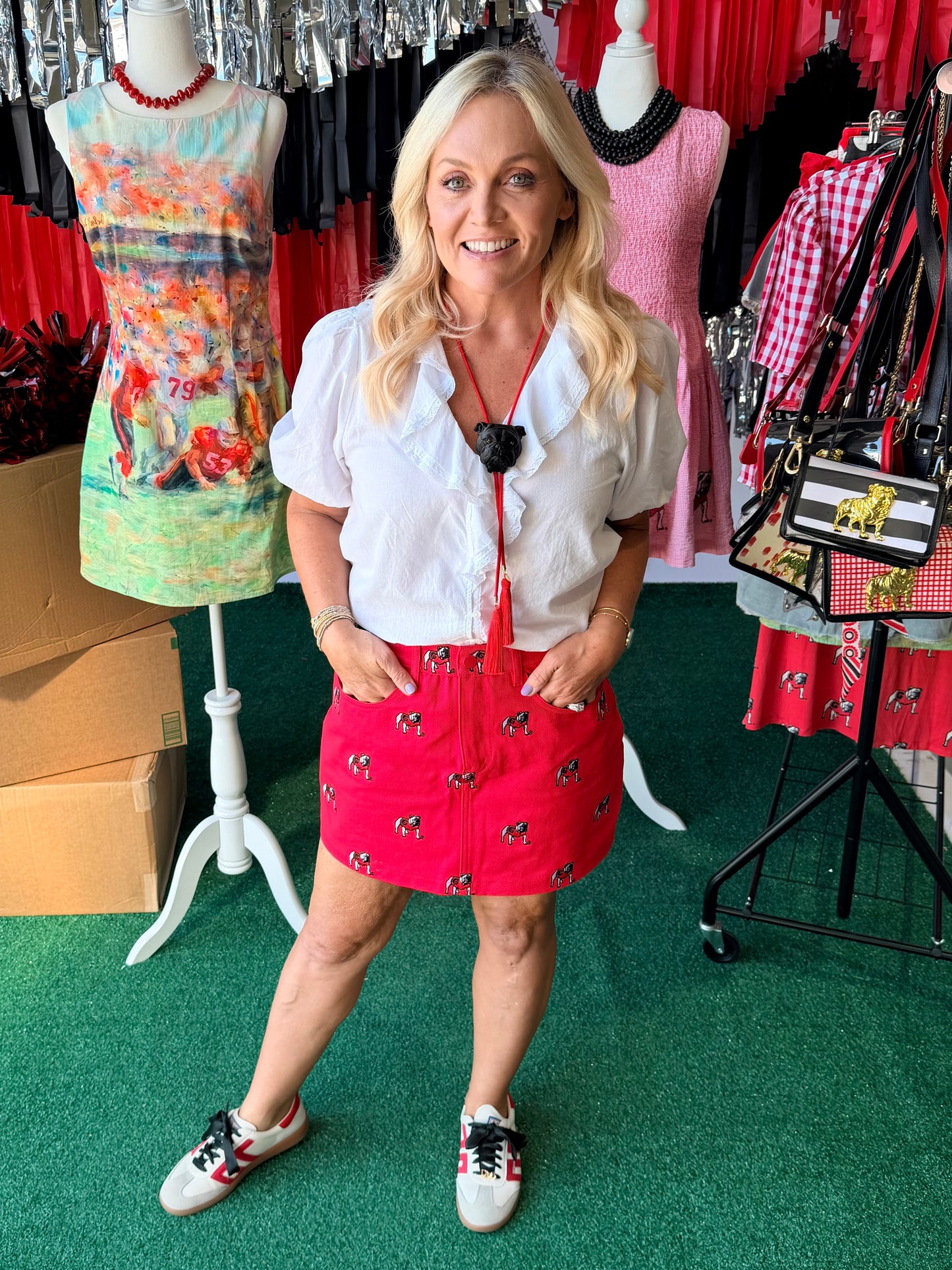Red denim embroidered dawg skirt Licensed