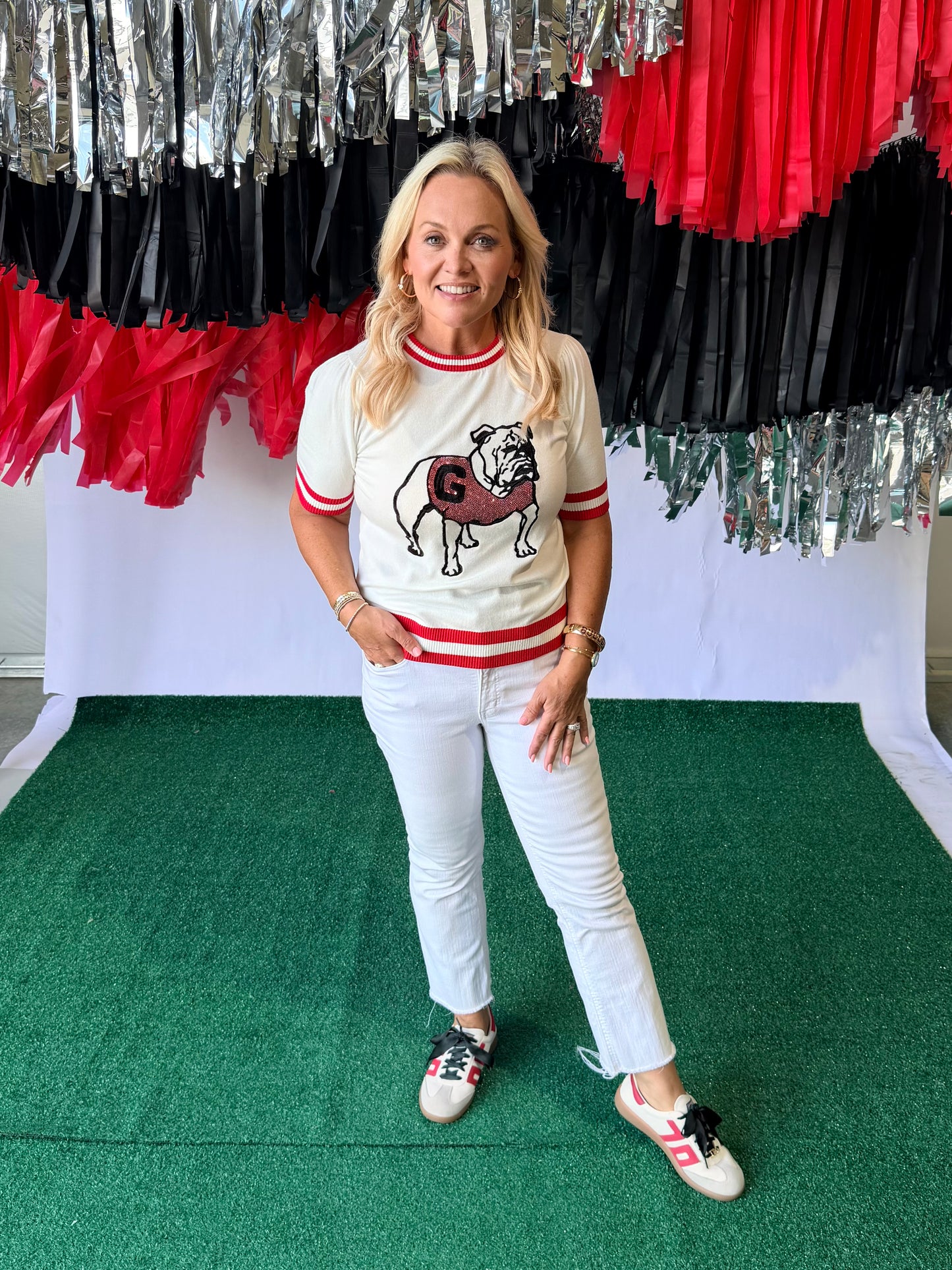 Varsity Licensed thin knit top sequin classic bulldog