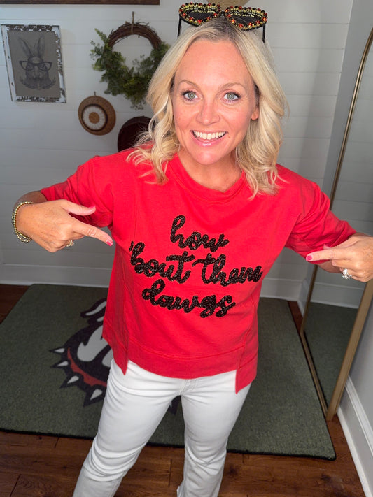 New Glitter script boxy red top “How bout them dawgs”