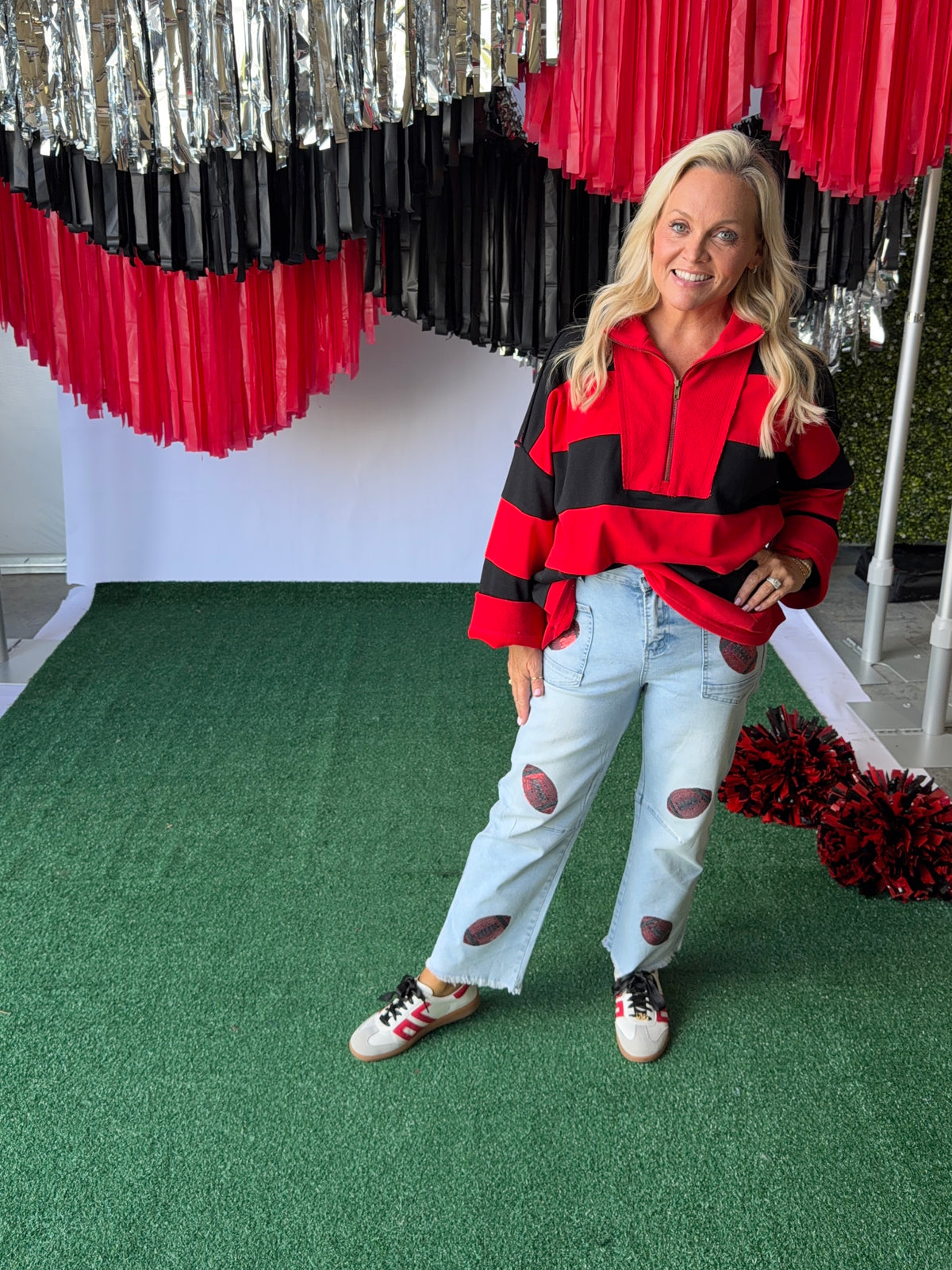 Denim jeans sequin red footballs