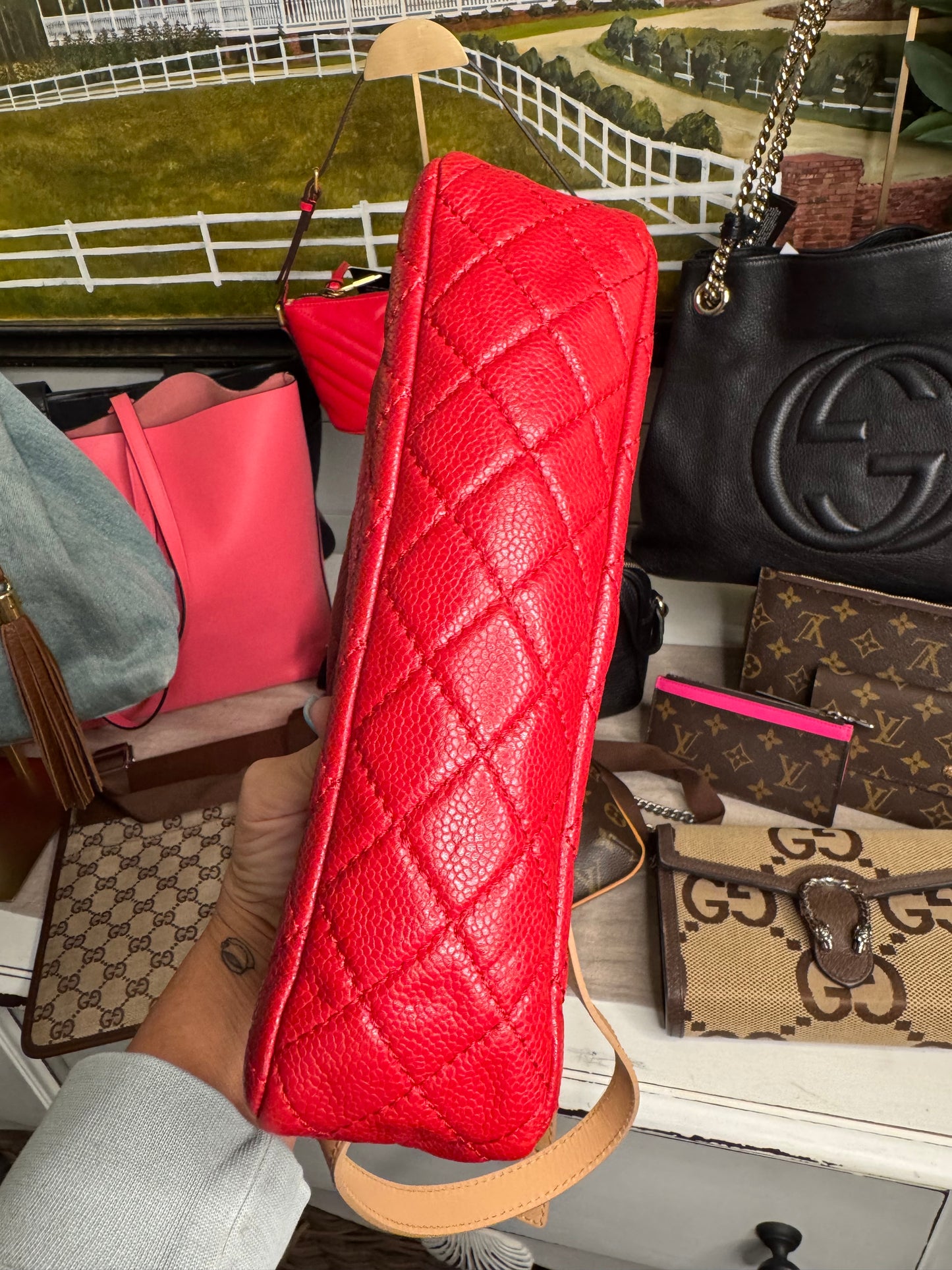 pre loved Chanel Red Hishige Caviar Shoulder Bag Silver Shoulder Back Bag Red Shoulder Bag Caviar (grained Calf) AB