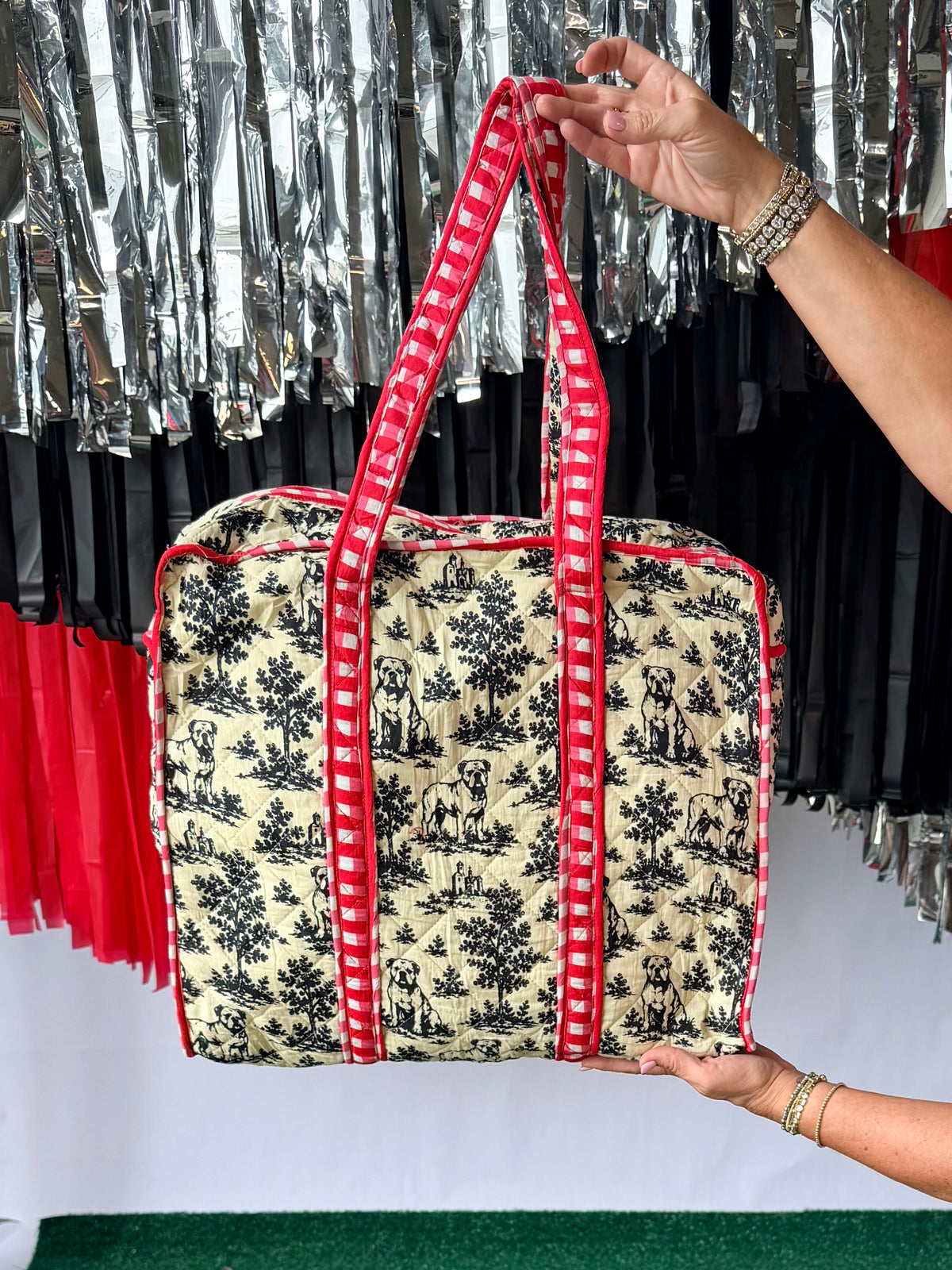 Exclusive bulldog toile weekender tote
