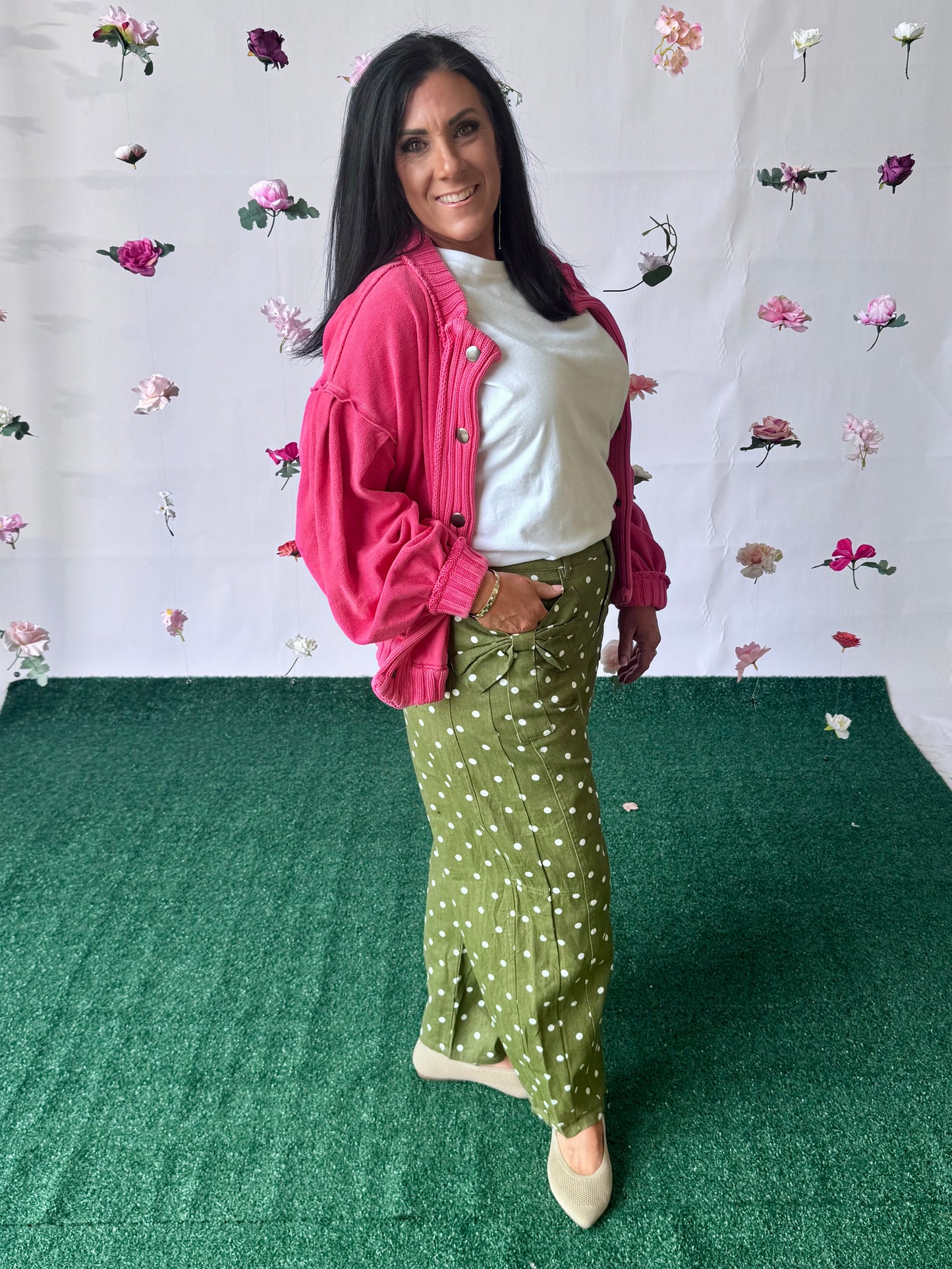 Olive green polka dot barrel pants up to 3X