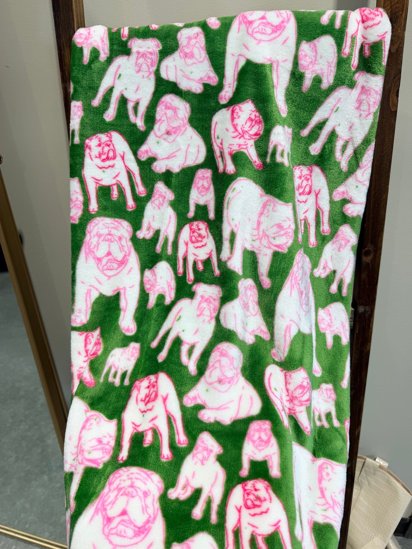 Pink and green bulldog throw