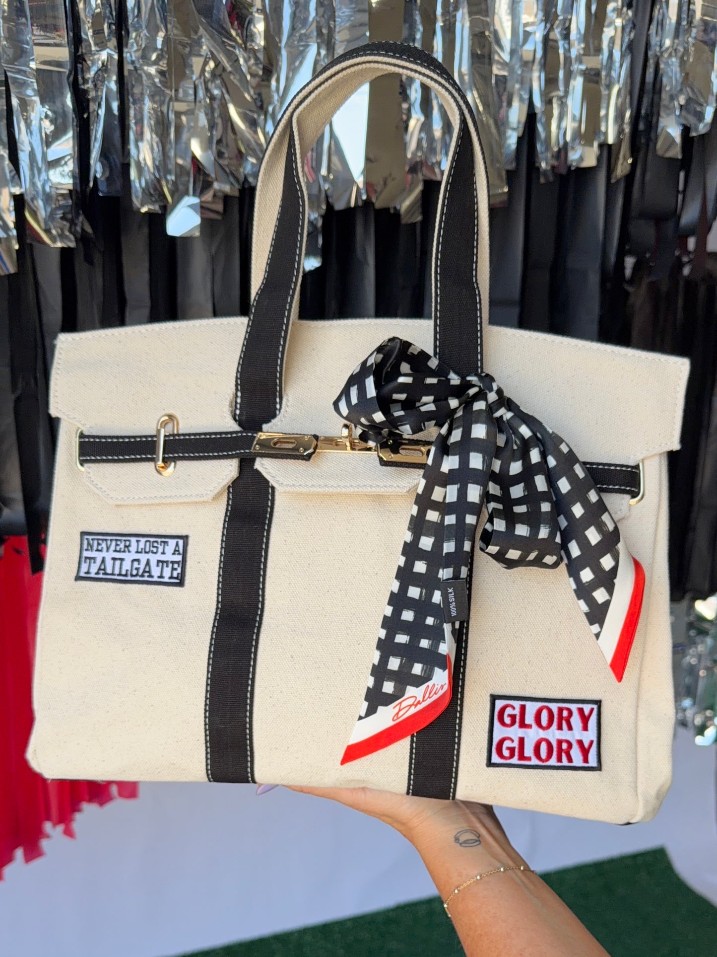 Game day luxury game day tote with patches and scarf exclusive