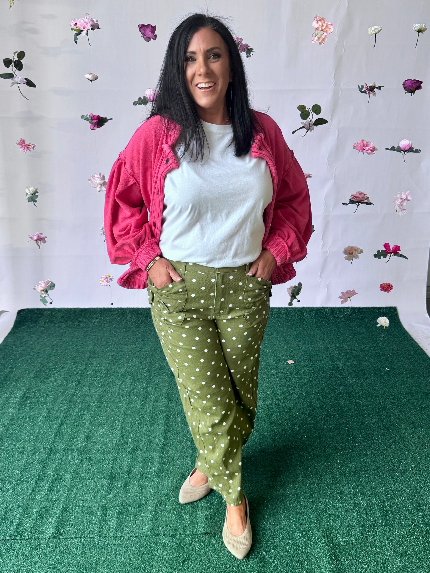 Olive green polka dot barrel pants up to 3X