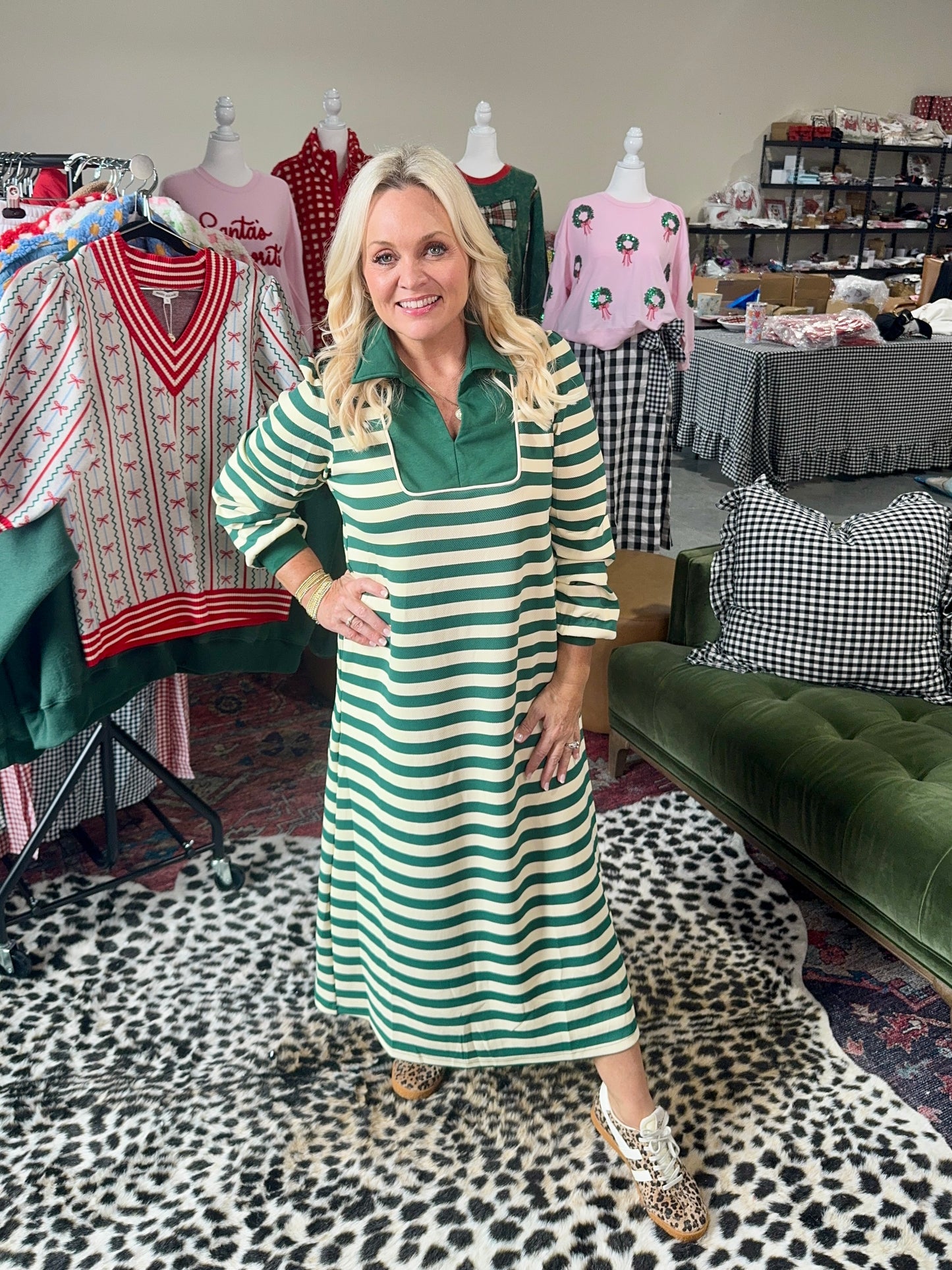 Green stipe dress midi
