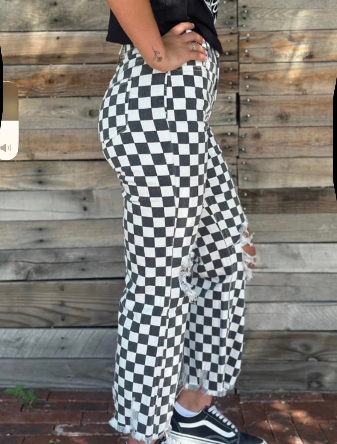 Game day black and white checked distressed raw edge jeans