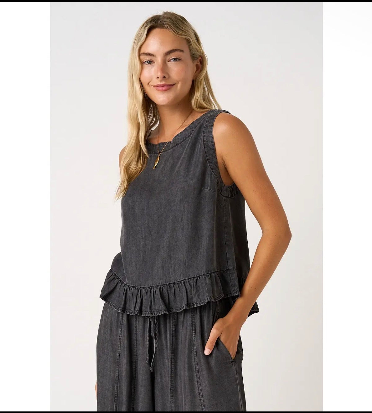 Black charcoal sleeveless button back top