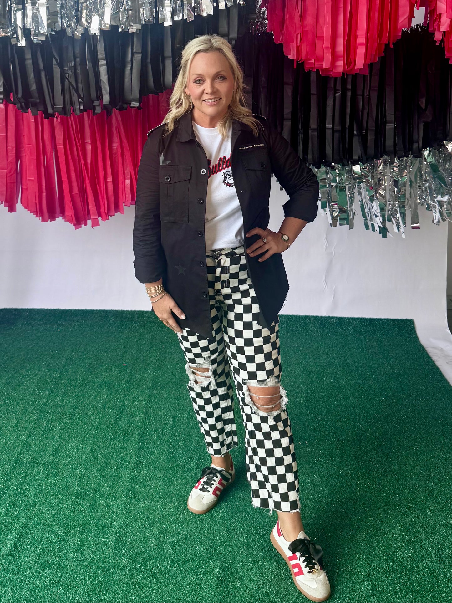 Game day black and white checked distressed raw edge jeans