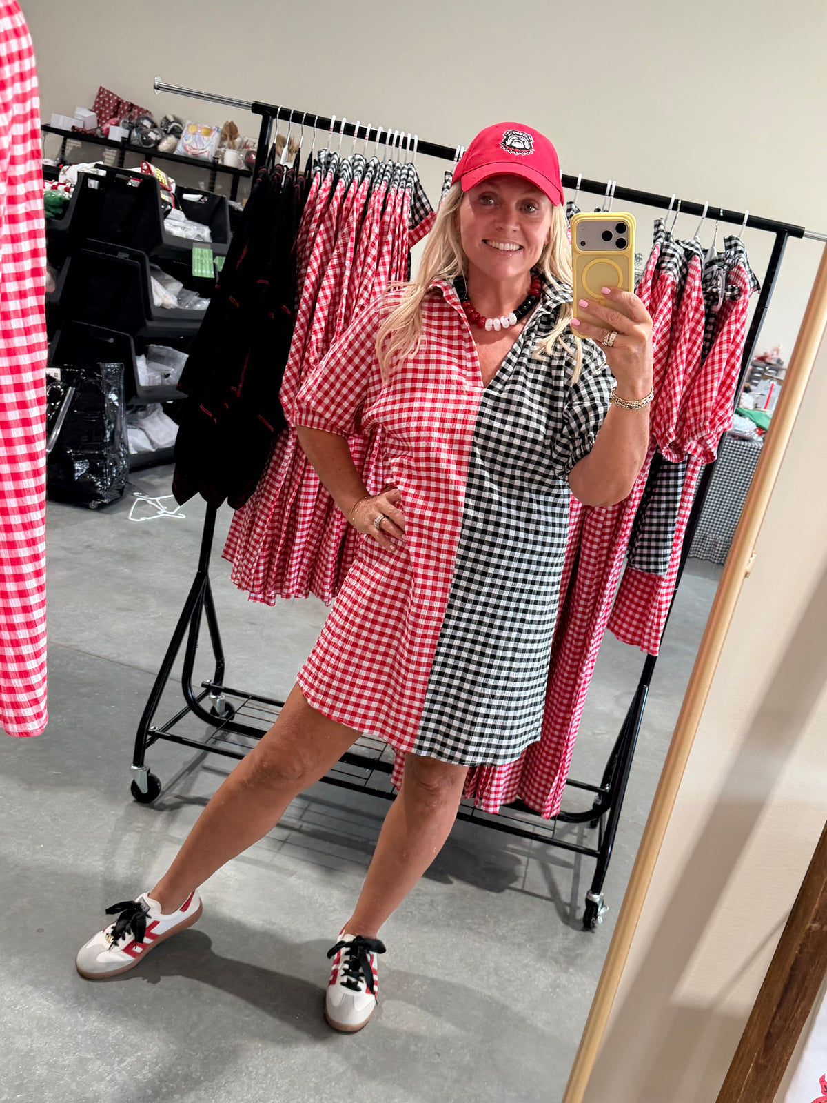 Gingham black and red and white shorter version dress